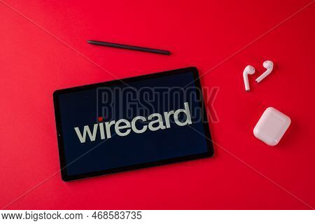 Tula, Russia - October 19, 2020: Wirecard Displayed Modern Laptop On Red Background