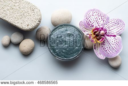 Spa Wellness Concept.pebbles Rocks In Pyramid Sea Salt And Orchid Flower