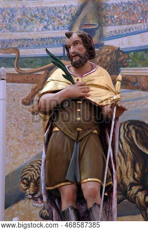 Groznjan, Croatia - June 04, 2012: Saint Modestus, Statue On The Main Altar In The Parish Church Of 
