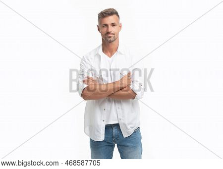 Confident Mature Grizzled Man Isolated On White Background. Grizzled Man In White Shirt.