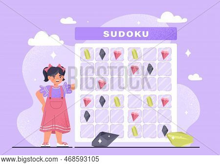Little Girl With Sudoku. Hild Solves Puzzle, Educational Materials For Development Of Strategic Thin