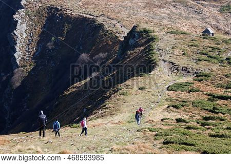 Carpathian Mountains, Ukraine - October 8, 2022 Mount Hoverla. Carpathians In Ukraine In Autumn. Tou