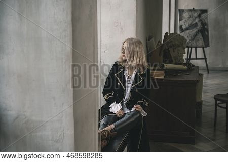 Victorian Style, Velvet Coat And White Shirt Androgyny Vintage Fashion. Vampire Era Clothes