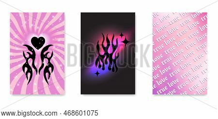 Y2k Gothic Flame Tattoo Designs. Retro Psychedelic Love Valentine Day Cards. Vector Illustration Of 