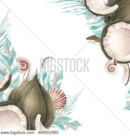 Whole Coconuts And Slices With Tropical Palm Leaves And Seashells. Watercolor Illustration. Template