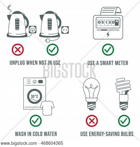 Vector Set Of Flat Illustrations Which Help To Reduce The Usage Of Electricity And Reduce The Fee Fo