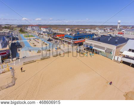 Salisbury, Ma, Usa - May 6, 2019: Historic Commercial Buidlings Aerial View On Broadway In Salisbury