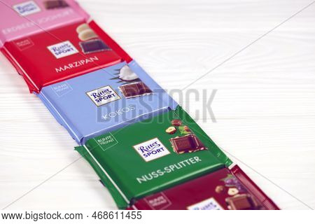 Kharkiv, Ukraine - December 8, 2020: Ritter Sport Chocolate Product. Ritter Sport Company Was Founde