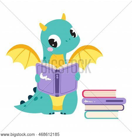 Cute Turquoise Little Dragon With Wings Sitting And Reading Book Vector Illustration