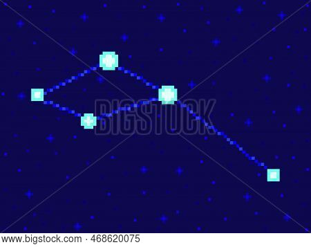 Delphinus Constellation In Pixel Art Style. 8-bit Stars In The Night Sky In Retro Video Game Style. 