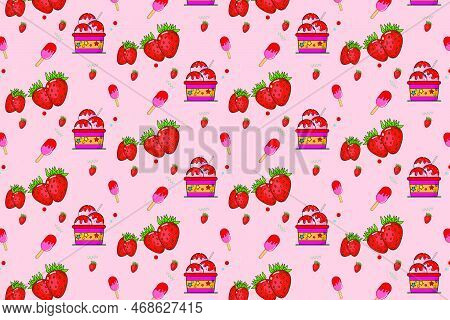 Pattern With Strawberry Flavored Cup And Stick Ice Cream Elements And Strawberry Balls. Abstract Pat