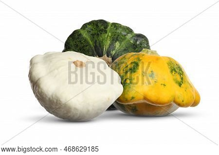Three Fresh Different Pattypan Squashes On White Background
