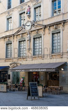 Nimes, Occitanie, France, 12 31 2022 - Facade Of The Madow Restaurant In Old Town