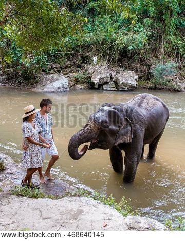 Couple Visiting A Elephant Sanctuary In Chiang Mai Thailand, Elephant Farm In The Mountains Jungle
