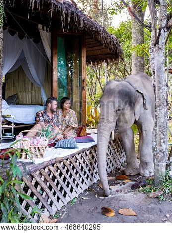 Couple Visiting A Elephant Sanctuary In Chiang Mai Thailand, Elephant Farm In The Mountains Jungle
