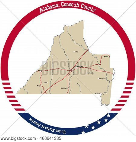 Map Of Conecuh County In Alabama, Usa Arranged In A Circle.