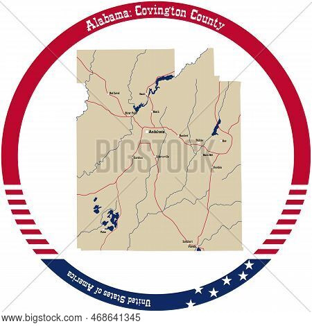 Map Of Covington County In Alabama, Usa Arranged In A Circle.