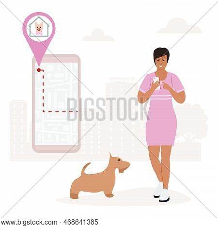 Vector Illustration Woman Uses Application On Cell Phone For Search The Dog Shelter, Pet Hotel, Hote