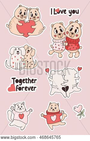 Collection Stickers Love Animals. Cute Couple Bears, Dogs And Cats With Romantic Slogan. Vector Isol