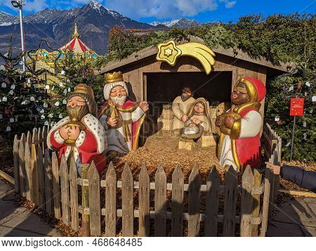 Merano, Italy - December 27, 2022: View Of Nativity Scene With Thun Figures In The Historic Center O