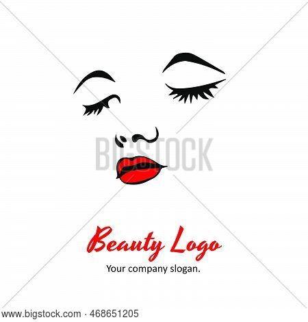 Illustration Of Women With Red Lips , Mape Up Style Icon, Logo Women Face On White Background, Vecto