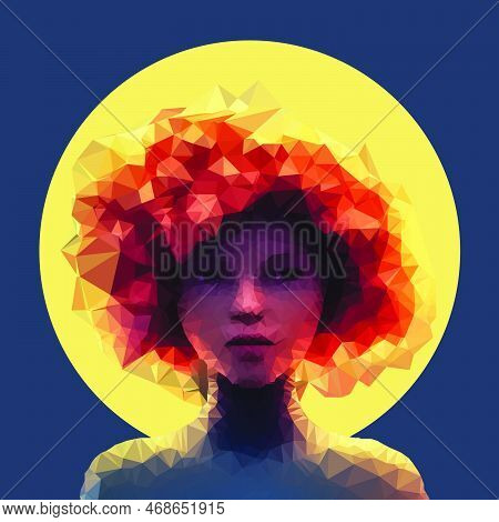 Portrait Of Woman. Low Poly Tribal, African, Mystic Girl With Red Curly Hair In Moon Light, Night, F