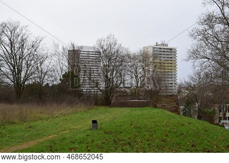 Urban Park With The Skyline Of Mainz, Michelsberg In The South
