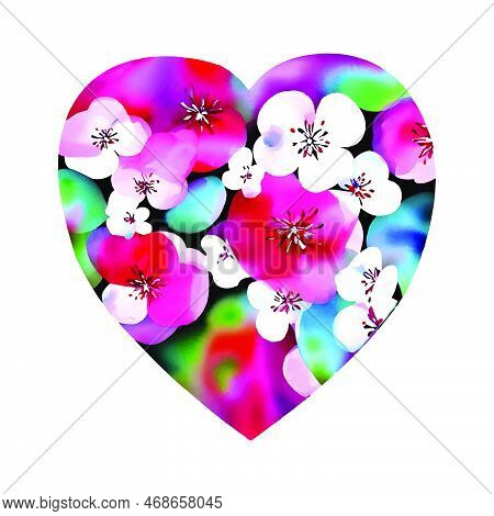 Vector Red Heart With Cherry, Sakura Bloosom, Valentine's Day Love Ornament, Spring Floral Painting,