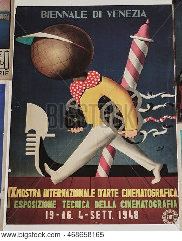 Venice, Italy - September 6, 2022:  59th Venice Art Biennale In Venice. Old Posters Advertising The 