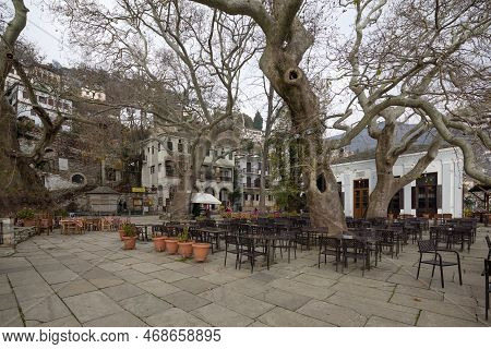 Pilio, Greece - December 2, 2018: Main Square Of Makrinitsa Traditional Village In Pilio, Greece