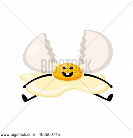 Raw Egg With Cute Face Lying Cartoon Illustration. Chicken Egg For Breakfast. Happy Raw Egg Characte