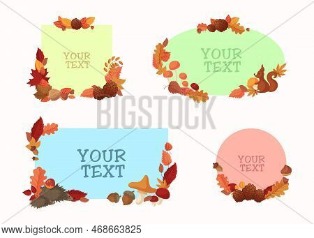 Frames With Autumn Leaves And Animals Vector Illustrations Set. Cartoon Drawings Of Photo Frames Wit