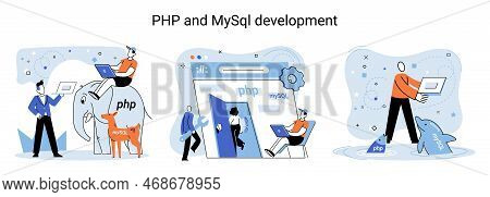 Php And Mysql Development Metaphor. Software Website Developer With Computer, Programmer Service, Op