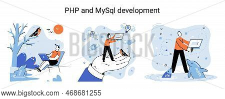 Php And Mysql Development Metaphor. Software Website Developer With Computer, Programmer Service, Op