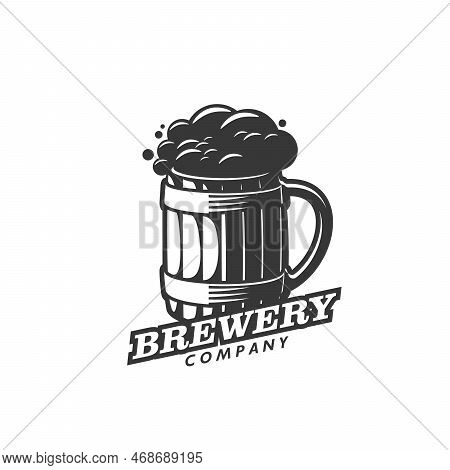 Beer Brewery Icon, Vector Company Emblem With Foamy Lager Drink In Glass Mug. Isolated Monochrome La