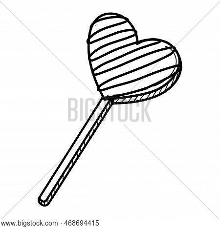 Hand Drawn Heart Shaped Sweet Lollipop Hard Candy On A Stick Vector Illustration. Cute Romantic Vale