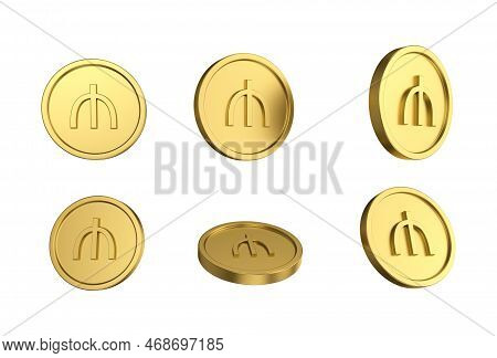 3d Illustration Set Of Gold Azerbaijani Manat Coin In Different Angels On White Background
