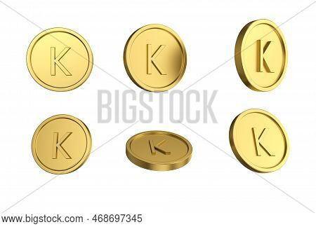 3d Illustration Set Of Gold Kyat Coin In Different Angels On White Background