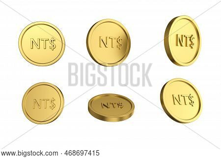 3d Illustration Set Of Gold New Taiwan Dollar Coin In Different Angels On White Background