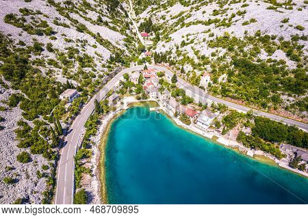 Scenic Fishermen Village Tribanj Under Velebit Mountain Aerial View, Archipelago Of Adriatic Sea In 