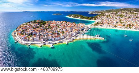 Scenic Town And Beaches Of Primosten Aerial Panoramic View, Turquoise Archipelago And Historic Archi