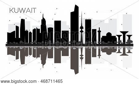 Kuwait City Skyline Black And White Silhouette With Reflections. Vector Illustration. Simple Flat Co