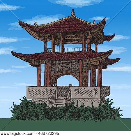 Chinese Traditional Pagoda With Double Tiled Roof. Quick Line Art Sketch