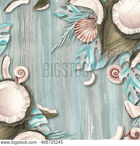 Whole Coconuts And Slices With Tropical Palm Leaves And Seashells. Watercolor Illustration. Template
