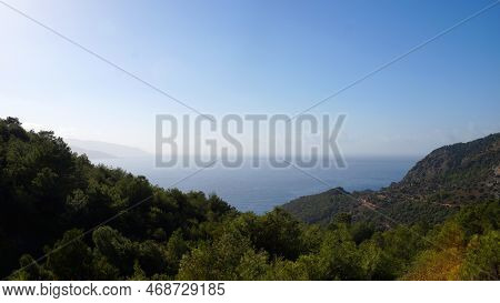 Seascape, View Of The Mediterranean Sea From The Height Of The Forested Mountains.