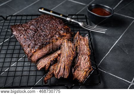 Chopped Beef Brisket Barbecue, Traditional Meat Rubbed With And Smoked In A Texas Smoker. Black Back