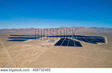 Solar Panel Produces Green, Environmentaly Friendly Energy From The Setting Sun. Aerial View From Dr