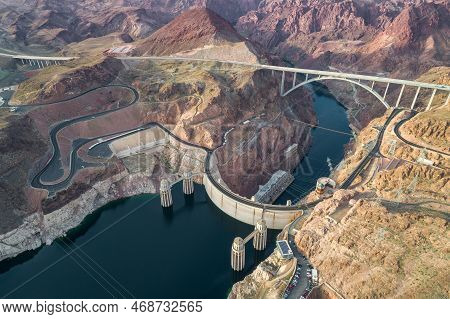 Hoover Dam In Nevada. Mountain And Colorado River In Background.