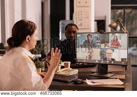 Woman Discussing Startup Strategy With Colleagues On Videocall Meeting, Chatting With Remote Employe