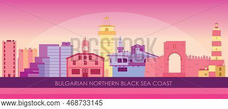 Sunset Skyline Panorama Of Bulgarian Northern Black Sea Coast  - Vector Illustration